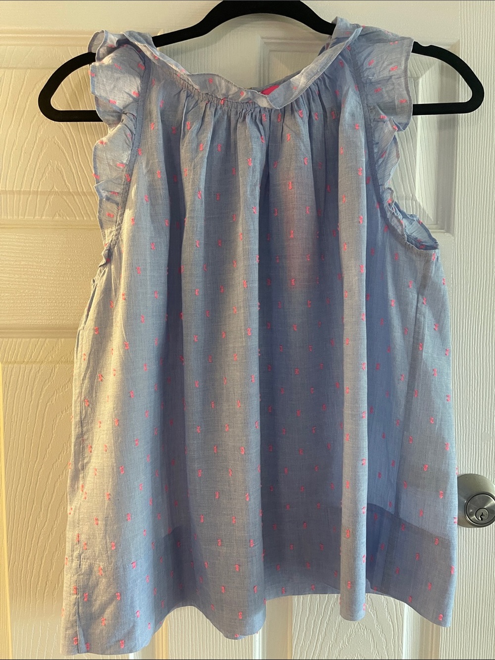 Women’s Lilly Pulitzer Kirstin Blue Ruffle flutter sleeve blouse with Pink Dots